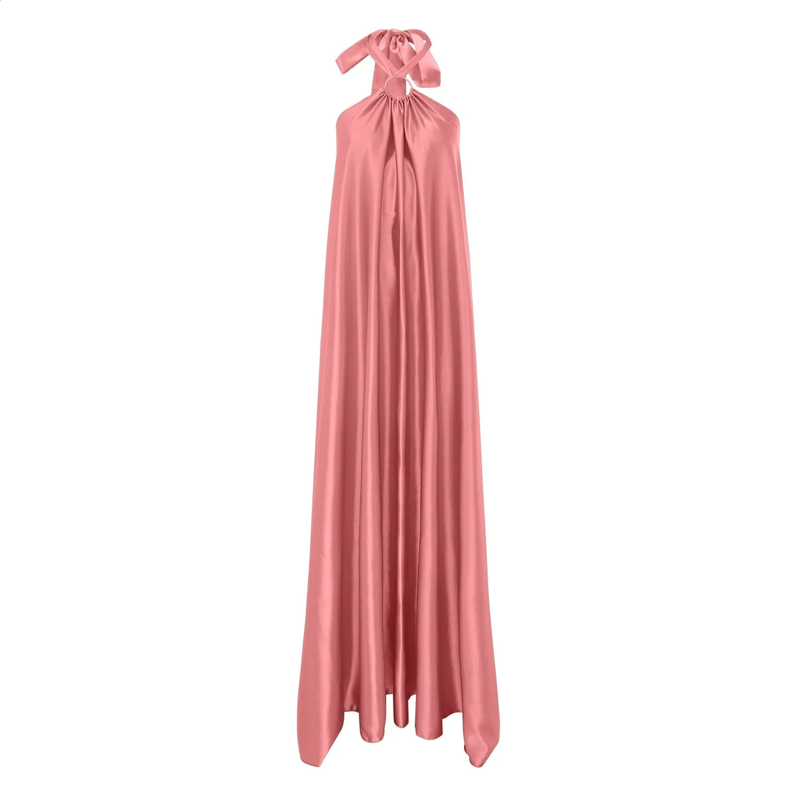 Halter Neck Satin Dresses Women Outfits Summer Sexy Sleeveless Side Slit Flowy Plead Long Dress Female Formal Occasion Dress 240815