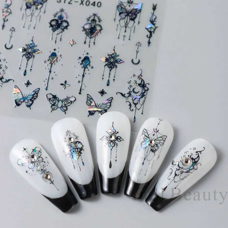 3D Holographic Black Butterfly Nails Slider Laser Self-adhesive Decals Dark Castle Tassels Designs Manicure Stickers Decor 2023XJ240814