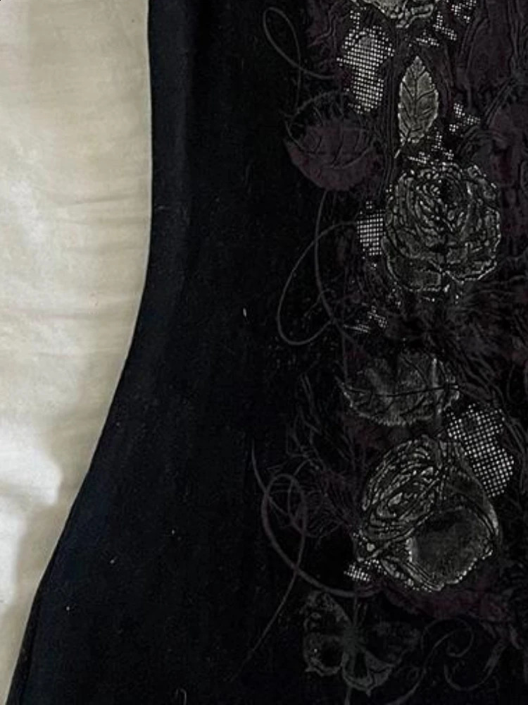 Y2k Aesthetic Flower Printing Women Grunge Tshirts Retro Ultra Thin Harajuku Waist Black Tshirt Summer Bottom Crop Top 240814