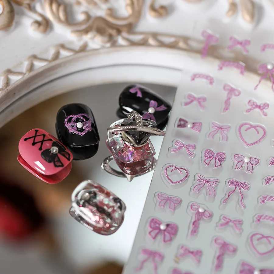 1PCS 5D Macaron Bow Nail Stickers Rhinestones Kawaii Flower Adhesive Decals Press on Nails DIY Nail Art Decorations AccessoriesXJ240814