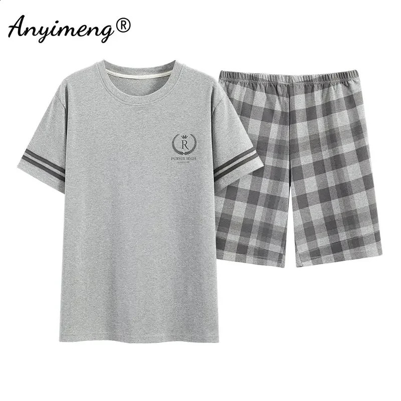 Mens L-5XL Summer Cotton Homesuit Fashion Elegant Plaid Pants Shorts Pajamas Set for Man Leisure Sleepwear Boys Pullover Pijamas 240814