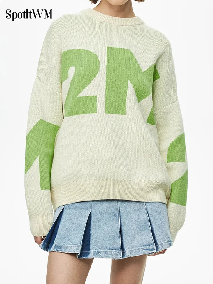 Autumn Winter Letter Print Knitted Pullover Womens Casual Long Sleeves Loose Sweater Ladies Fashion High Street Jumper 240812