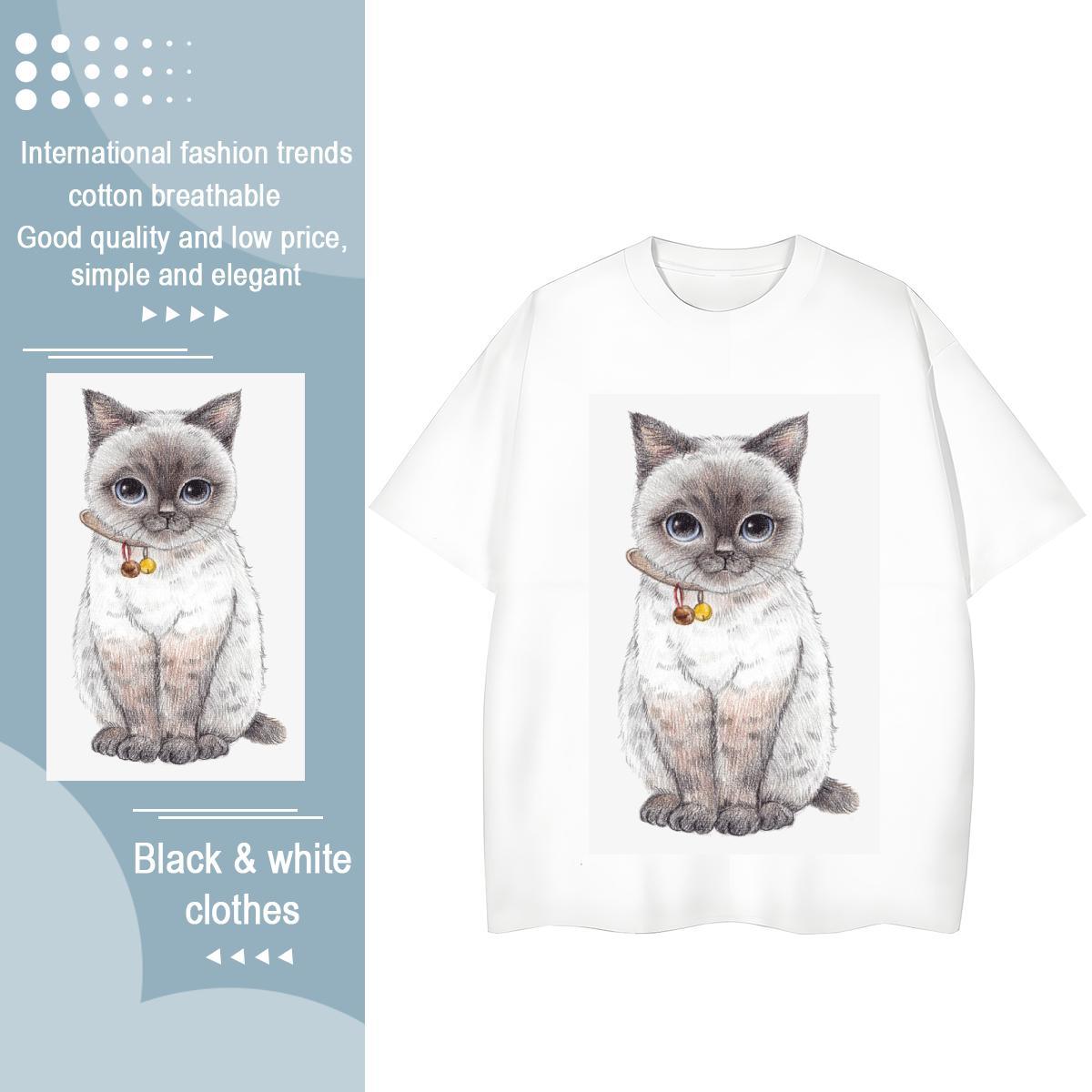 Comfortable T shirt cat Breathable Street wear Hip Hop Plus Size Cartoon 230g Cotton Couples T Shirts New Designer Tops