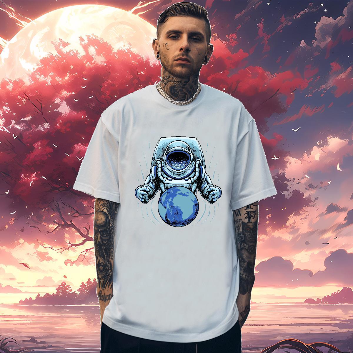 T Shirt For Man 100% Cotton 230g cosmonaut Outdoor O-Neck Short Sleeve Graphic Tshirts Wholesale Comfortable Tops