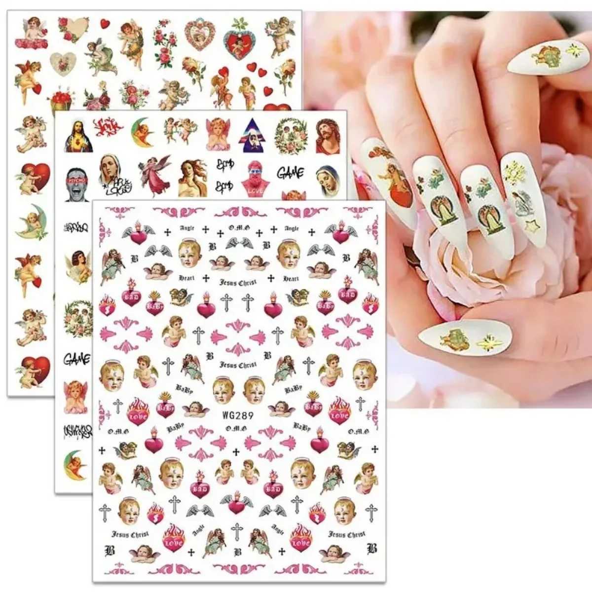 Angel Flower Pattern Nail Stickers Cupid Self-Adhesive Nail Decals 3D DIY Tips Nail Art Decorations Nail Design Manicure WrapXJ240814
