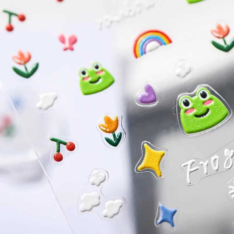 1pcs Cute Cartoon Nail Art Stickers 5D Embossed Frog Cherry Rainbow Self Adhesive Slider For Nails DIY Nail Charms Kawaii DecalaXJ240814