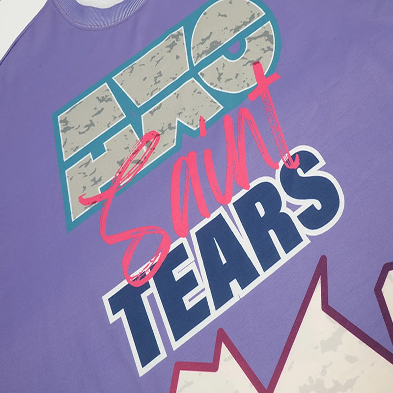 Purple Black Blocked Tears Tshirt Mens Hip Hop 100% Cotton Top Classic Printed Long Sleeve 240815