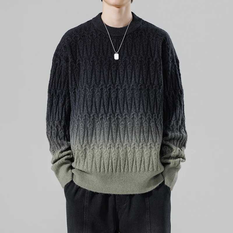 Mens New Autumn Winter Harajuku Sweater Mens Casual Loose Gradient Color Round Neck Knitted Pullover Street Hip Hop SweatshirtXJ240814
