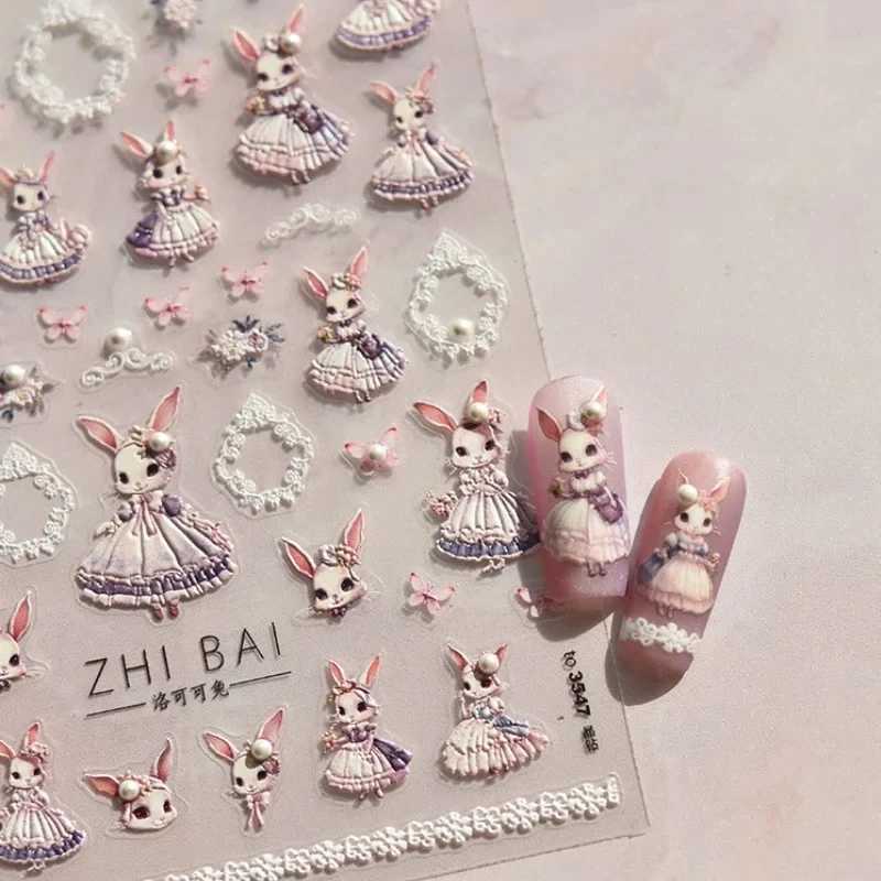 Noble Rococo Bunny Girl Pearl Butterfly Easter Egg Rabbit Soft Relief Self Adhesive 5D Nail Art Decoration Sticker 3D Nail DecalXJ240814