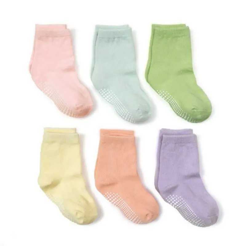 6 pairs/batch of new childrens anti slip socks made of cotton fashionable solid color for children aged 0-7 baby girl boy socks W240814