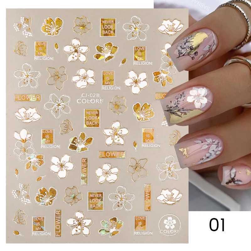1PC 3D Nail Stickers White Gold Leaf Abstract Line Pattern Self-Adhesive Slider Nail Art Decorations Leaf Love Heart Nail DecalsXJ240814