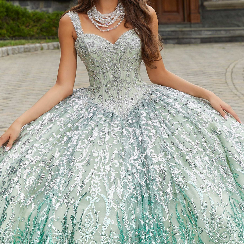 Luxury Light Green Shiny Quinceanera Dresses 2025 Sequin Lace Appliqued Beads Off the Shoulder Ball Gown Sweet 16 Vestidos 15 De Quinceanera