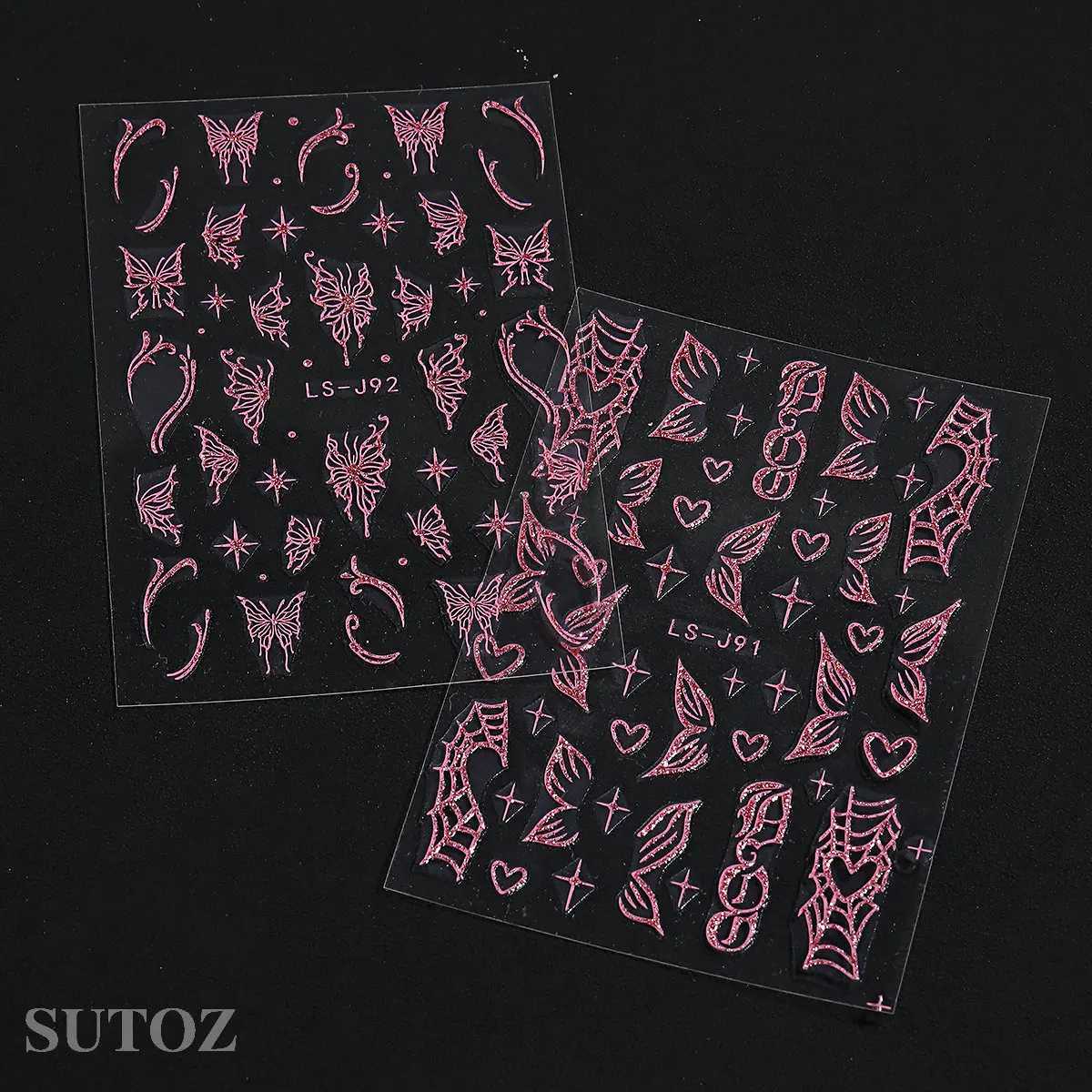 Pink Glitter Nail Art Stickers Shimmer Heart Cobweb Y2K Nail Stickers 3D Butterfly Self Adhesive Decals DIY Nail Supplies LS-J91XJ240814