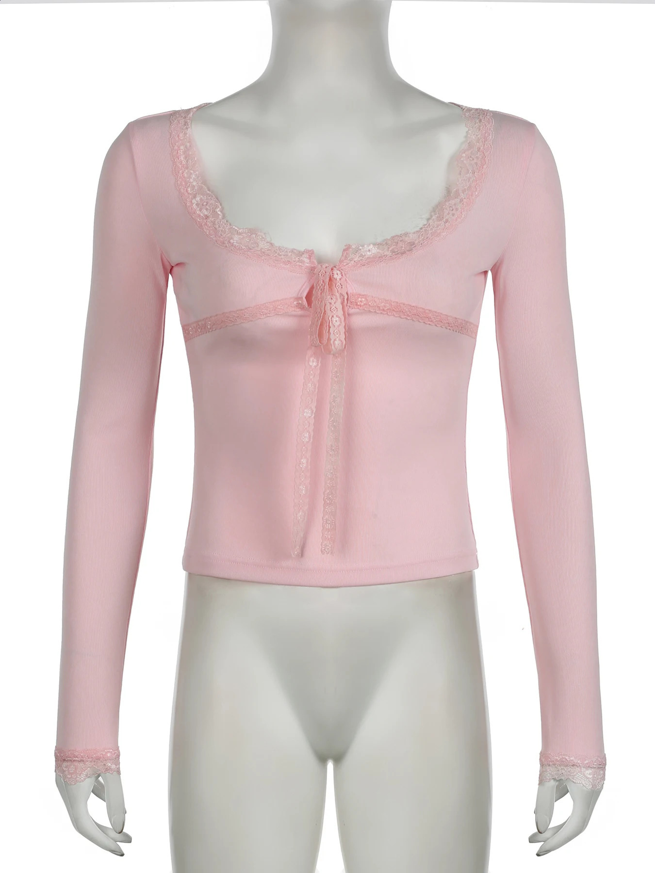 IAMSURE Casual Sweet Solid Lace Decorative Tshirt Basic Slimming Square Collar Long Sleeve Womens Autumn Spring Street Clothing 240814