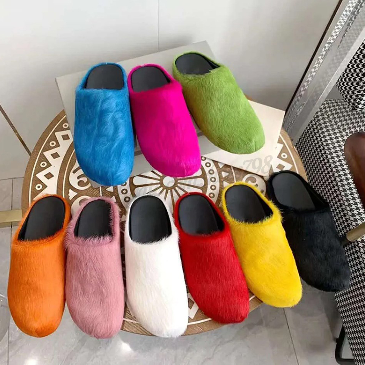 2024 High quality horsehair slippers candy color fluff women slide black white blue yellow red green designer Half slipper woman slides wool shoes 35-46