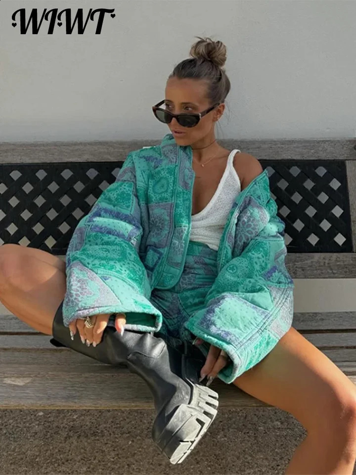 Vintage Printed Padded Cotton Coats Women Stand Collar Pockets Zipper Short Jacket Autumn Winter Lady Chic Tops Outwear 240815
