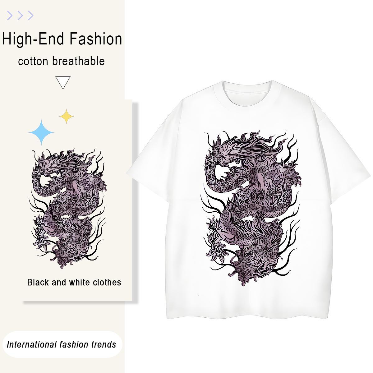 Popular Men Tshirts Street 230g 100% Cotton Anime Breathable Short Sleeve Black Purple Dragon T-Shirts for Men 2024 Designer Tops