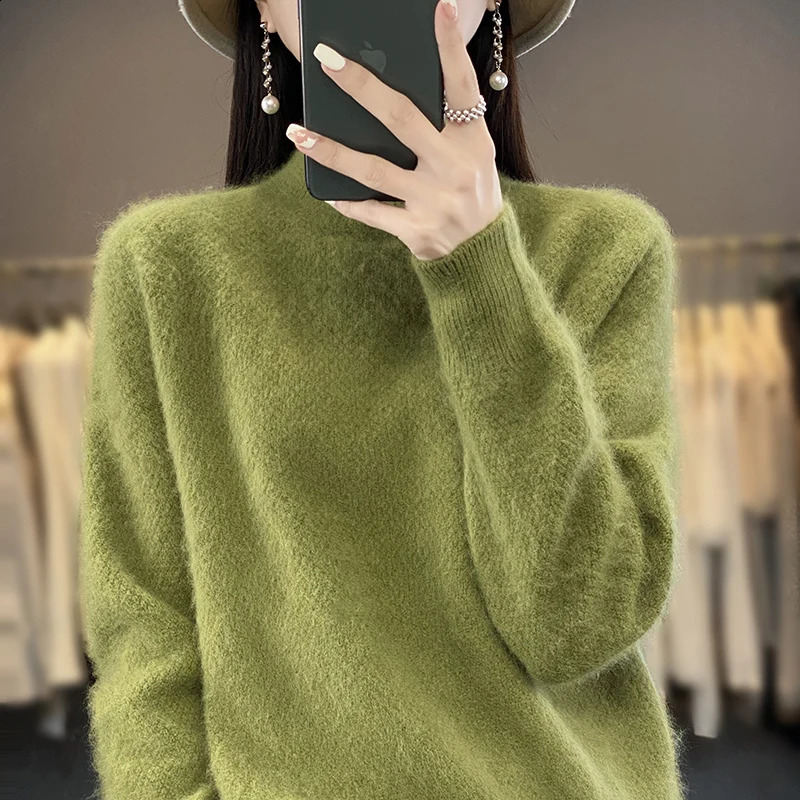 DjzDsm 100% mink cashmere fleece sweater autumnwinter half turtle neck loose wool thickest womens bottom 240814