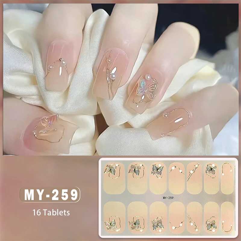 16Tips Baking-free Nail Stickers Long-Lasting Glittering Flowers In Summer Nail Strips Patch Slider Full Cover DecalXJ240814