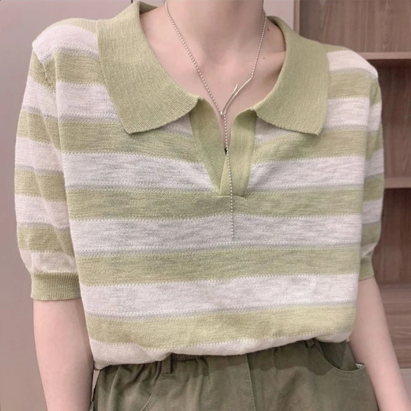 Korean Style Commuting Leisure Slimming Leisure Knitted Short Sleeve Polo Neck Contrast Striped Womens T-shirt Top 240827