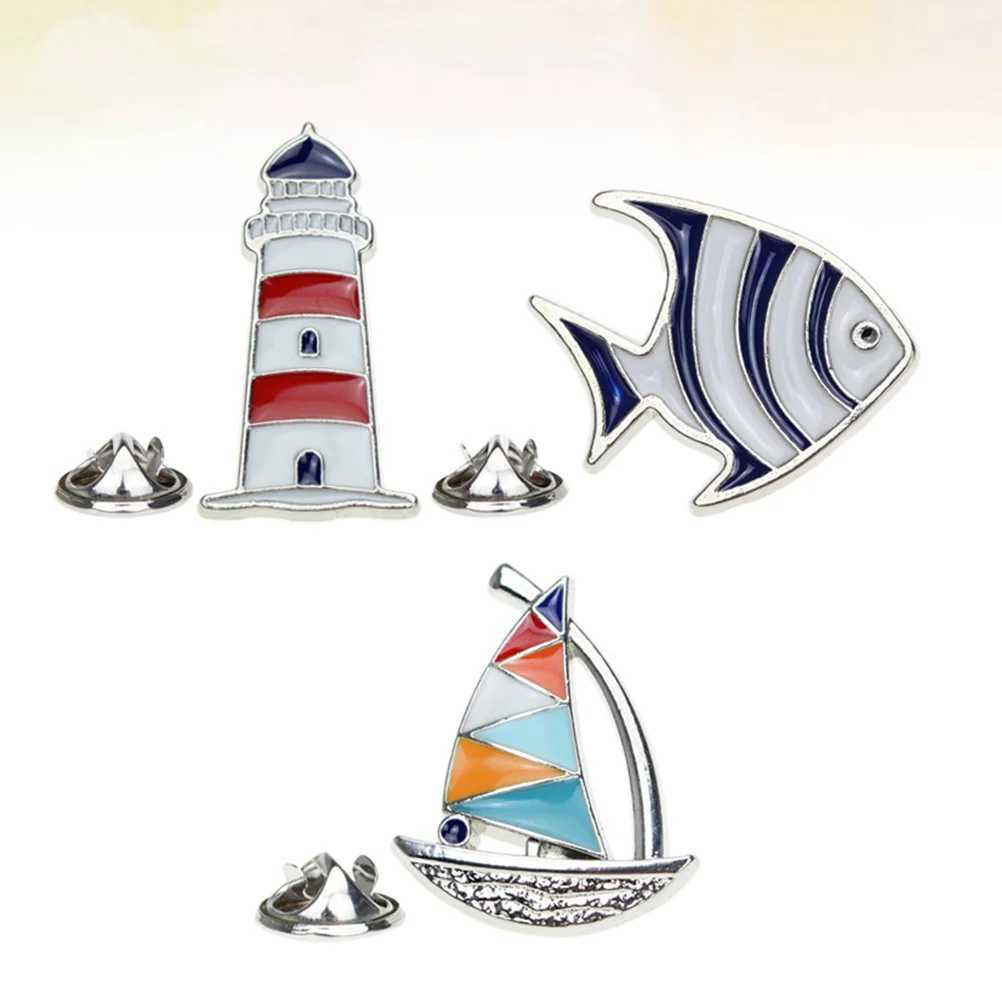 3-piece clip on loop alloy tropical fish lighthouse lapel vintage jewelry sailboat pin brooch clothing decoration W240815