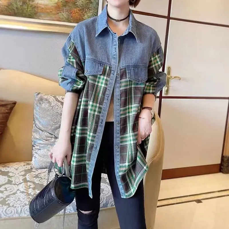 Spring Autumn Vintage Plaid Denim Jackets Womens Clothing Casual Turn-down Collar Stylish Patchwork Single-breasted Loose Coats 240814