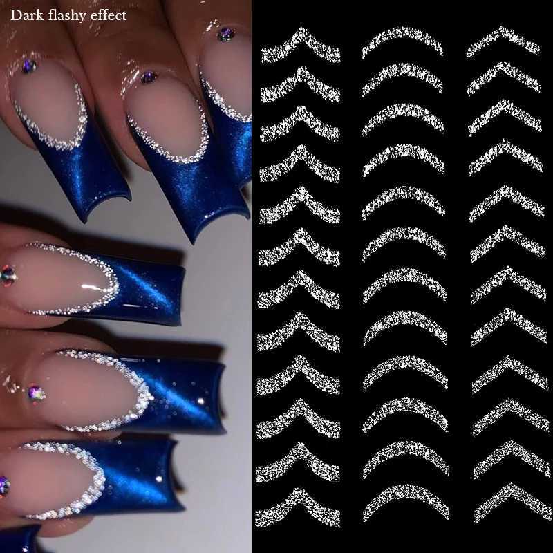 French Reflective Glitter 3D Nail Sticker Sparkly Gold Silver Line Star Heart Nail Decals Transfer Sliders Manicure DecorationsXJ240814