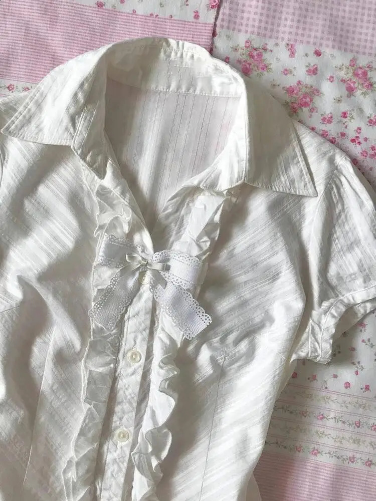 Y2k Top 90s Retro Clothing Womens White Punk Slim Bow Aesthetics Lace Harajuku Girls Tshirt Crop Short Sleeve 240814