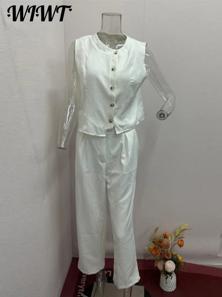 Casual Single Breasted Vest Pants Set Women Elegant Sleeveless O-neck Tank Top Slim Pencil Trousers Lady 2-Piece Outfit 240815