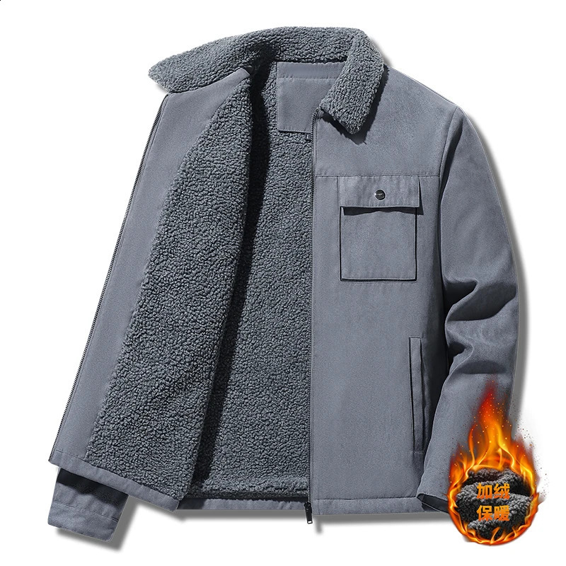 Autumn Winter Men Jackets Suede Warm Fleece Thick Casual Turn Down Collar Windbreaker Zipper Cargo Jacket Coats Male Solid Parka 240814
