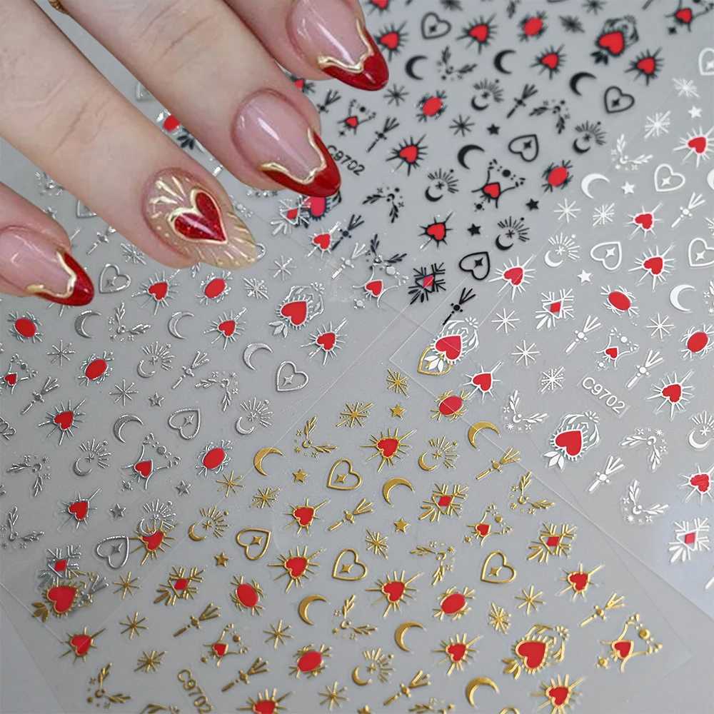 1pcs 3D Bronzing Gold Love Heart Nail Art Stickers Y2K Holographic Stars Sun Sliders Starlight DIY Decals Manicure DecorationXJ240814