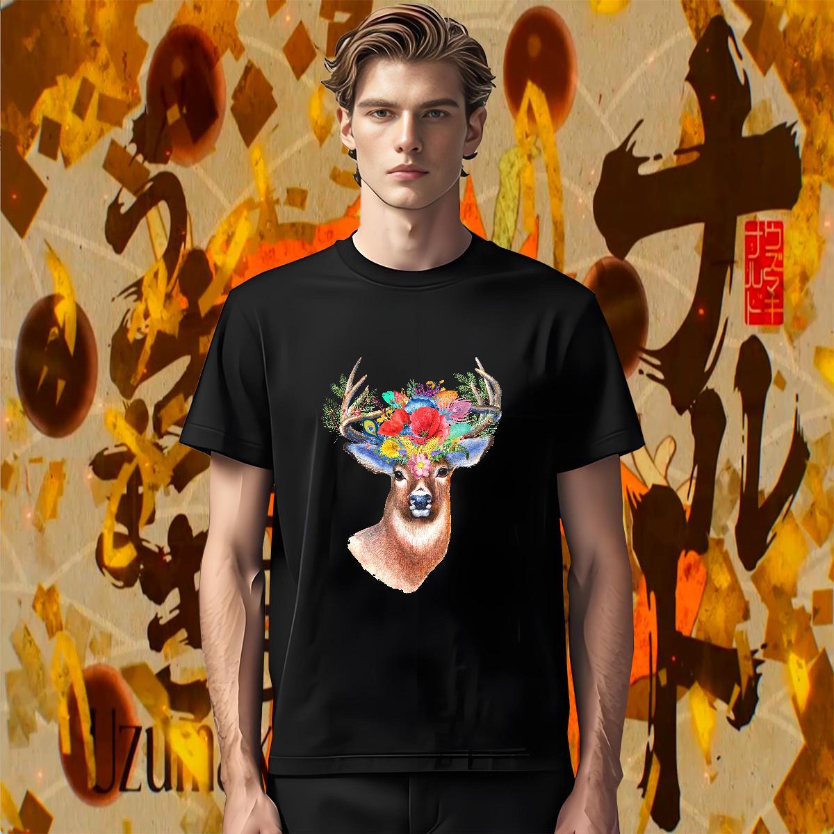 Mens T Shirts 100% Cotton 230g Deer Casual O-Neck Short Sleeve Plus Size Cartoon Men Tops Tees Fashion Wholesale Tee Shirt