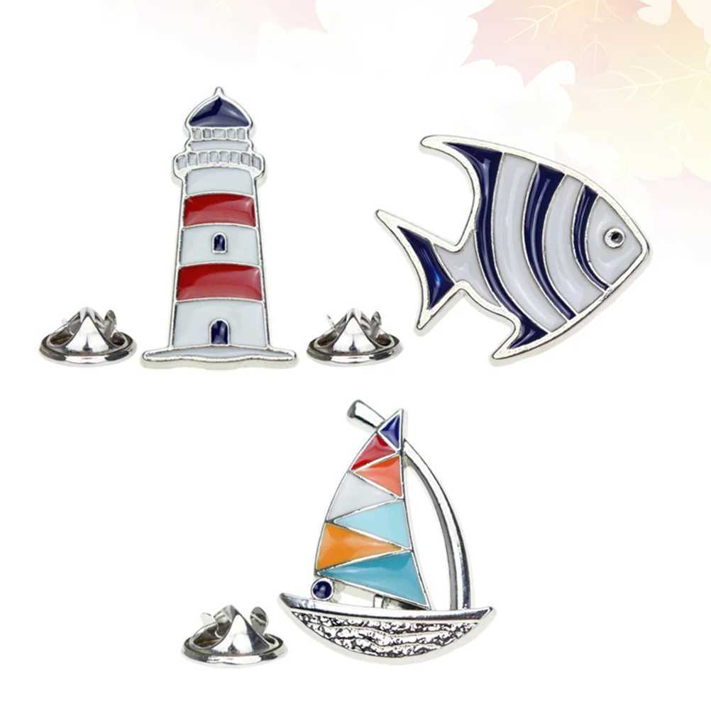 3-piece clip on loop alloy tropical fish lighthouse lapel vintage jewelry sailboat pin brooch clothing decoration W240815