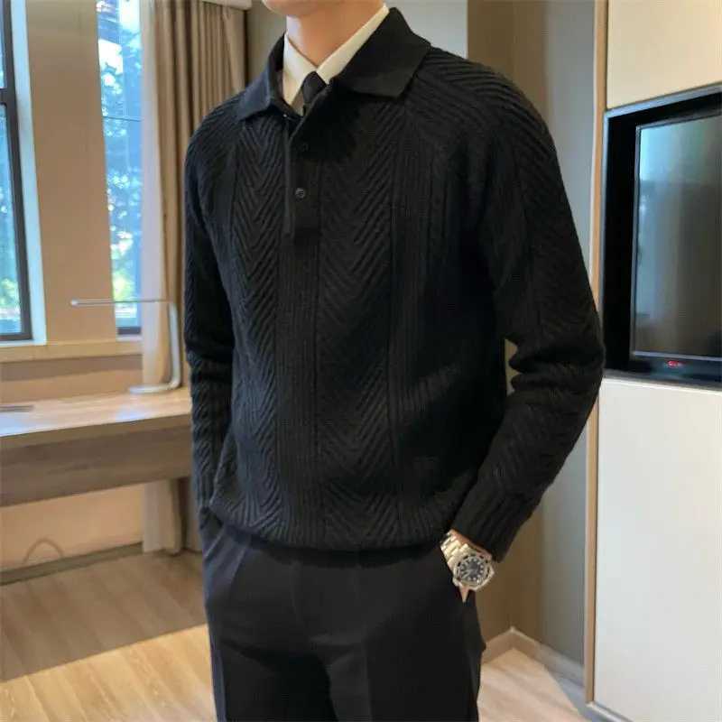 Sweater Mens Retro Texture Turndown Collar Polo Shirt Autumn Winter Casual Solid Color Buttons Knitted Sweaters Tops PulloverXJ240814