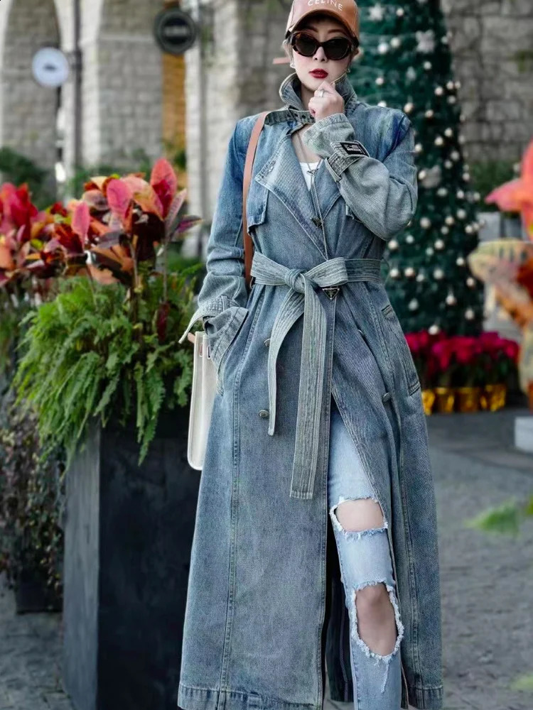 Autumn and Spring Denim Long Coat Womens y Coats Jacket Traf Trench 240814