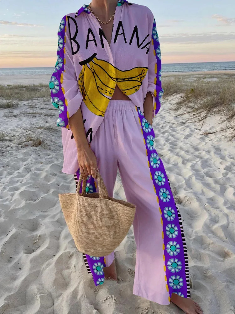 Fashion Casual Women Tropical Funny Banana Printed Loose TwoPiece Set Beach Holiday Outfits 240815
