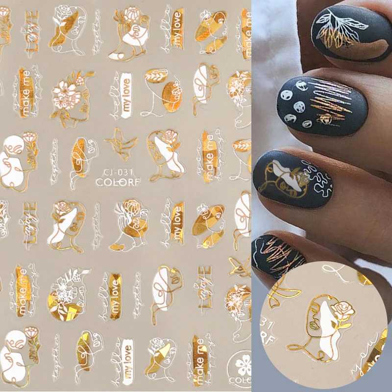 1PC 3D Nail Stickers White Gold Leaf Abstract Line Pattern Self-Adhesive Slider Nail Art Decorations Leaf Love Heart Nail DecalsXJ240814