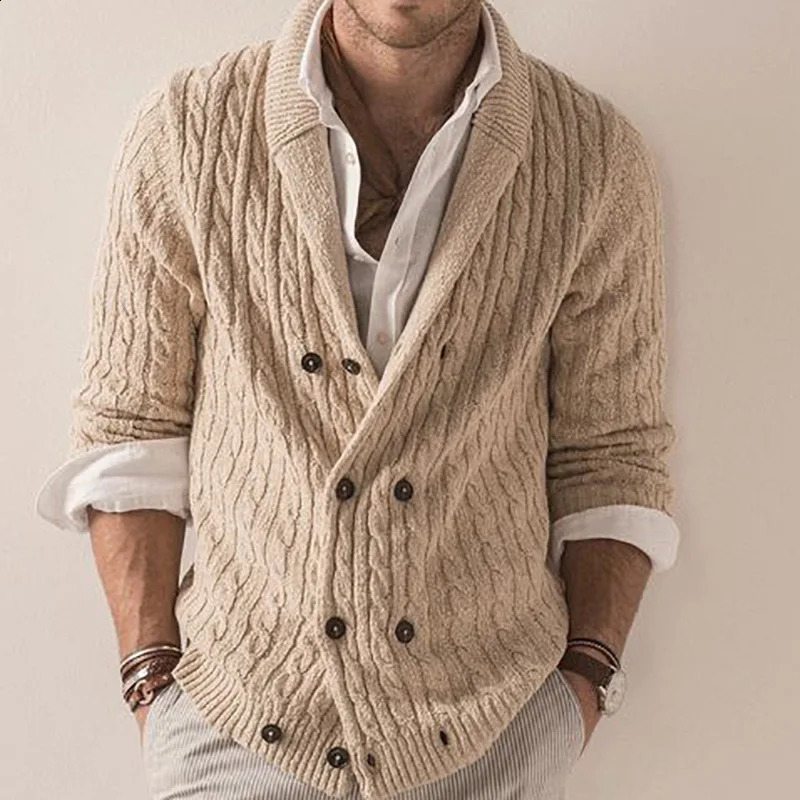 Mens Clothes Autumn Cardigan Double Breasted Lapel Long Sleeve Warm Stretchy Casual Simple Fashion Knitting Male Sweater 240814