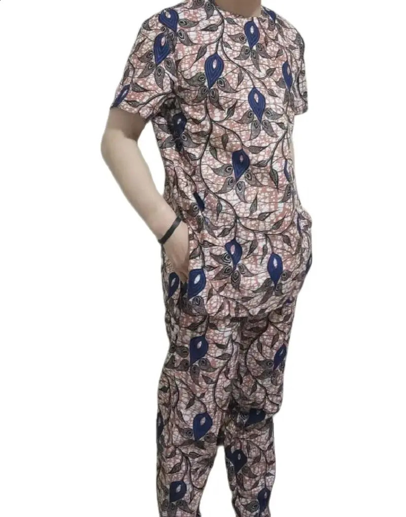 African clothing mens print short sleeve shirt with trouser Ankara fashion pant sets customize wedding male formal outfits 240814