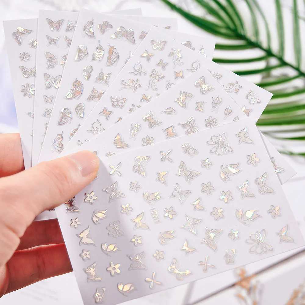 16 Sheets Silver 3D Nail Art Adhesive Sticker Laser Hollow Fly Butterfly Shapes Nail Art Decal Decorations Different Shape SheetXJ240814