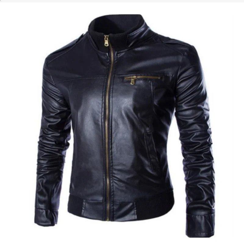 Stand Collar Motorcycle Leather Jacket Coat Autumn Winter Mens Casual Fashion Trendy Mens Leather Coat 240814