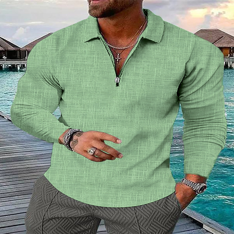 Mens spring and autumn large size long sleeve lapel zipper high-grade casual shirt POLO shirt 240814