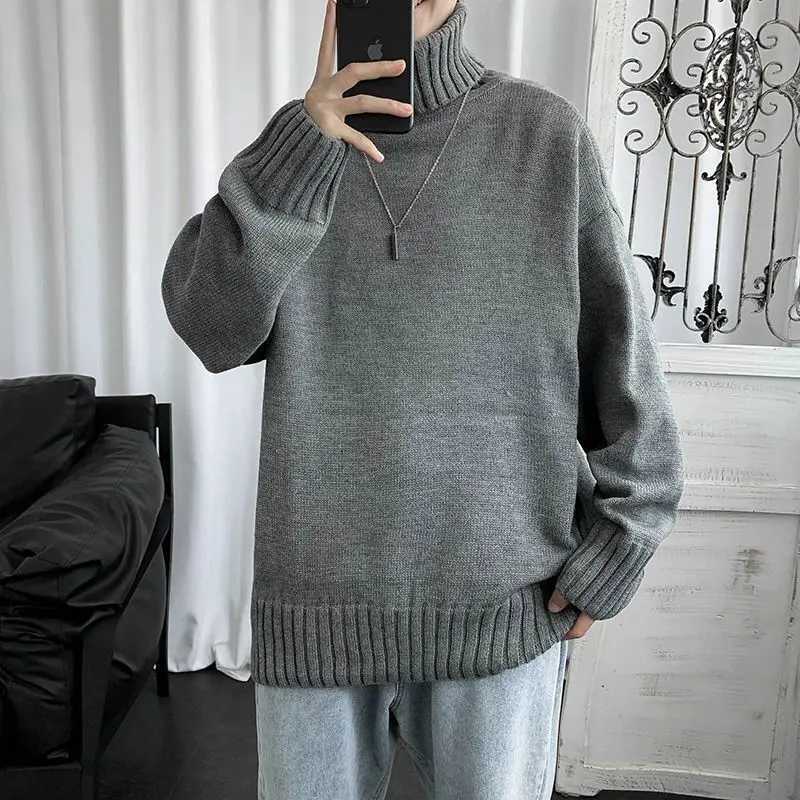 Winter Korean Solid High Neck Sweater Mens Patchwork Screw Thread Student Fashion Loose Versatile Warm Long Sleeved Knitted TopXJ240814