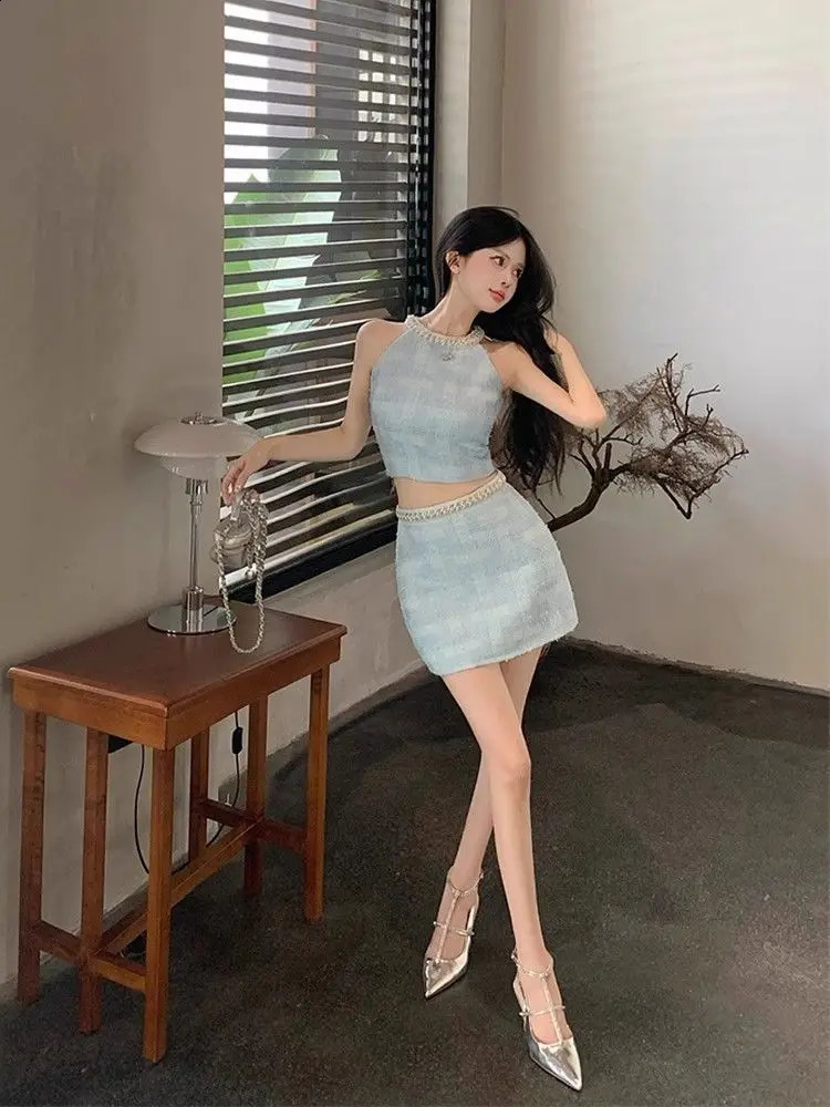 Sweet Suit Womens Summer Blue Beaded Diamonds Halter Neck Tank Top High Waist Mini Skirt Two-piece Set Female Clothes 240815