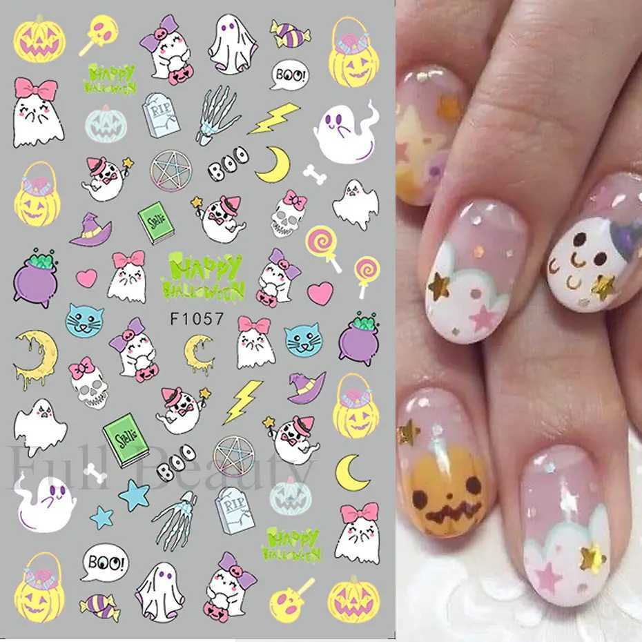 3D Halloween Skull Pumpkin Nail Art Stickers Black Cat Ghost Spider Web Design Nail Adhesive Decals Tattoo Decorations ManicureXJ240814