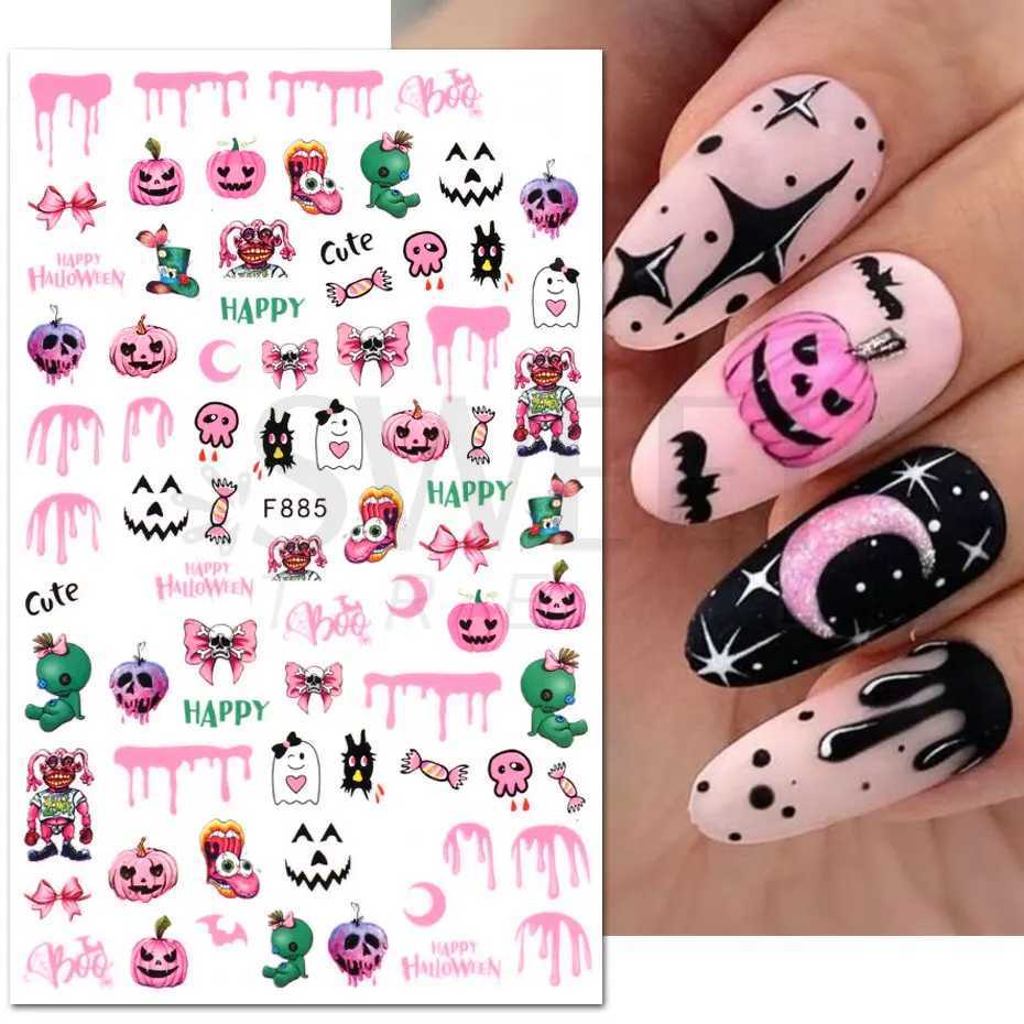 Cute Halloween Nail Design Sticker Pink Cartoon Skull Pumpkin Spooky 3D Punk Holiday Manicure Slider Nail Art Accessories BEF886XJ240814