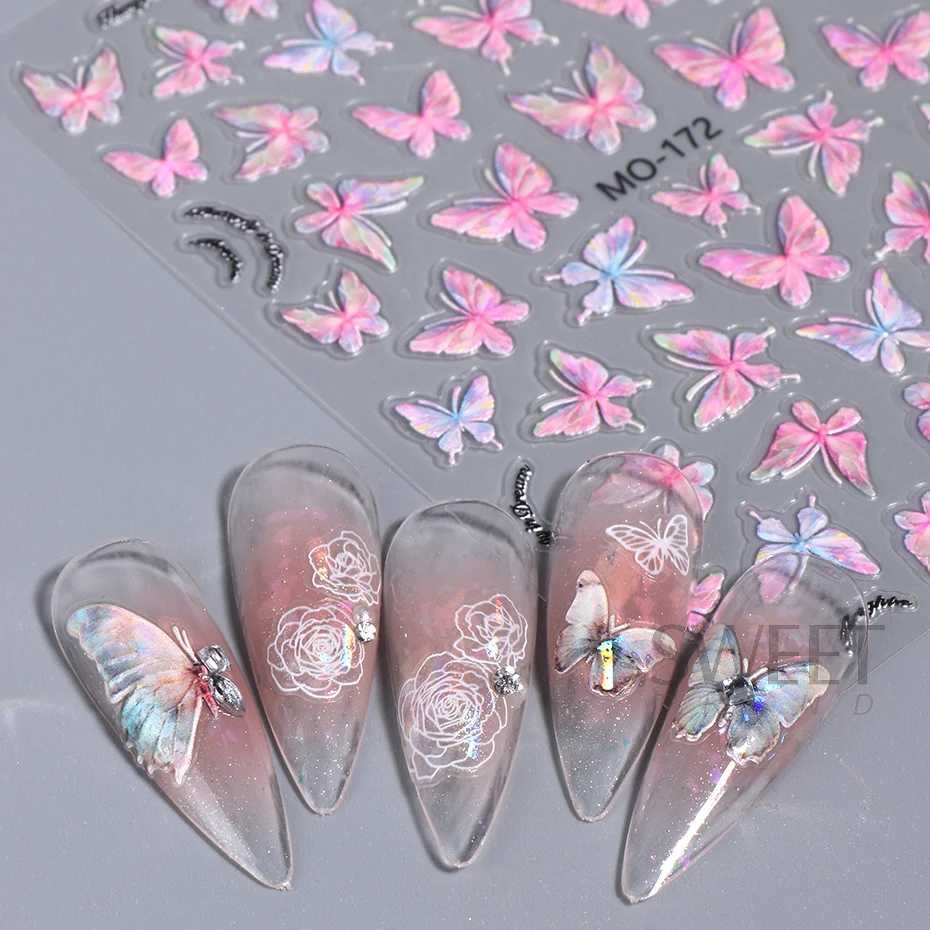 Acrylic Engraved Butterfly Nail Manicure Sticker Holographic Crystal Fairy Rose Flowers Adhesive Decals Charm Spring Foils WrapsXJ240814