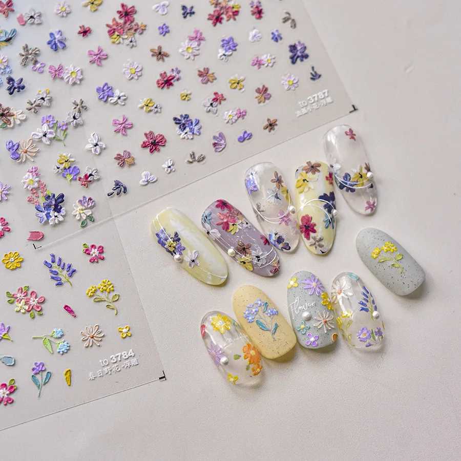 Colorful Sparkling Glass Fragment Spring Wildflowers High Quality Adhesive Flash Nail Stickers Art Decorations Design T-3784XJ240814