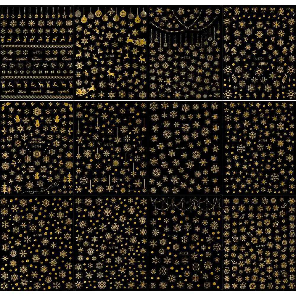 3D Gold Glitter Snowflake Nail Sticker Winter Reflective Elk Star Balloon Christmas Tree Foil Xmas New Year Decal Tips DecoratioXJ240814