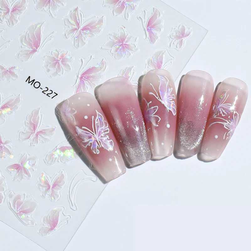 1Pcs Aurora Laser Butterfly Nail Stickers Pink Self Adhesive Cute Cherries Elegant Nail Decals Spring Summer Manicure SuppliesXJ240814